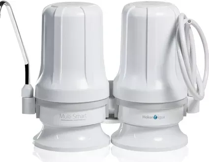 Purificador Hoken Multi-smart, compacto, com dois filtros brancos e bica cromada
